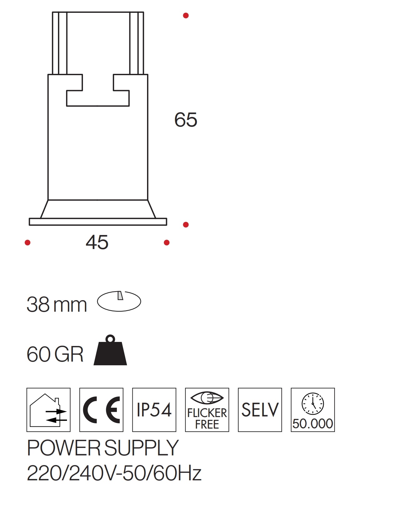 Faretto LED da Incasso 3W 3000K - Alluminio Recessed IP54 mod. Bianco