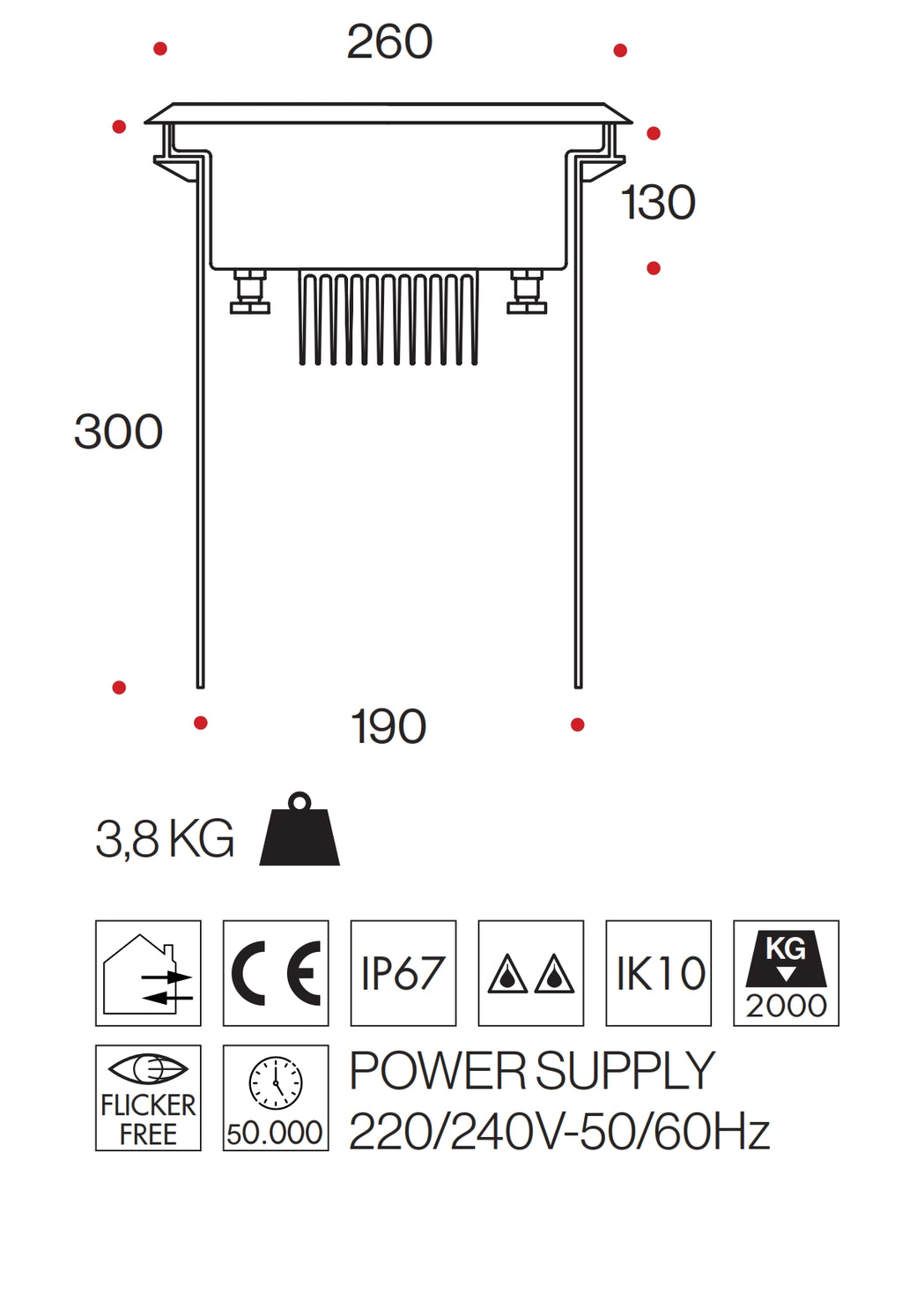 Faro LED Incasso Pavimento fascio asimmetrico 25W IP68 Acciaio Inox AISI 316 Carrabile