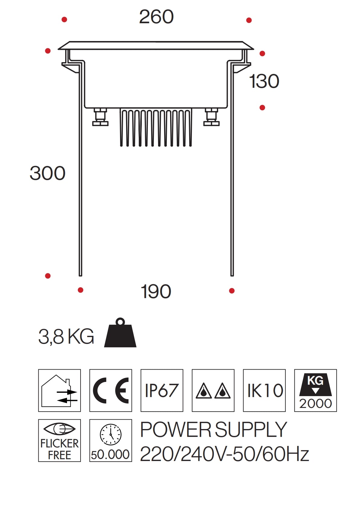 Faro LED Incasso Pavimento fascio asimmetrico 25W IP68 Acciaio Inox AISI 316 Carrabile