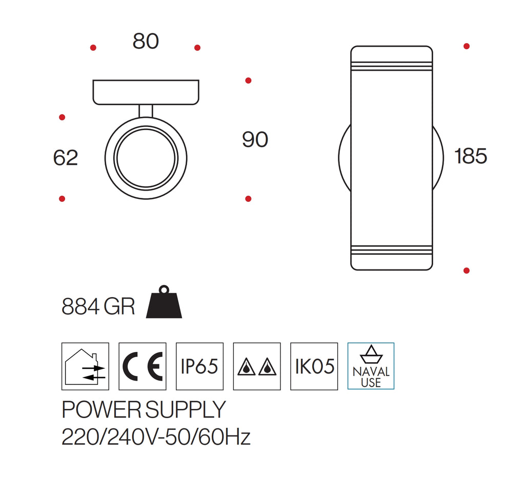 Applique Doppia Emissione Cilindrica - Acciaio Inox AISI 316