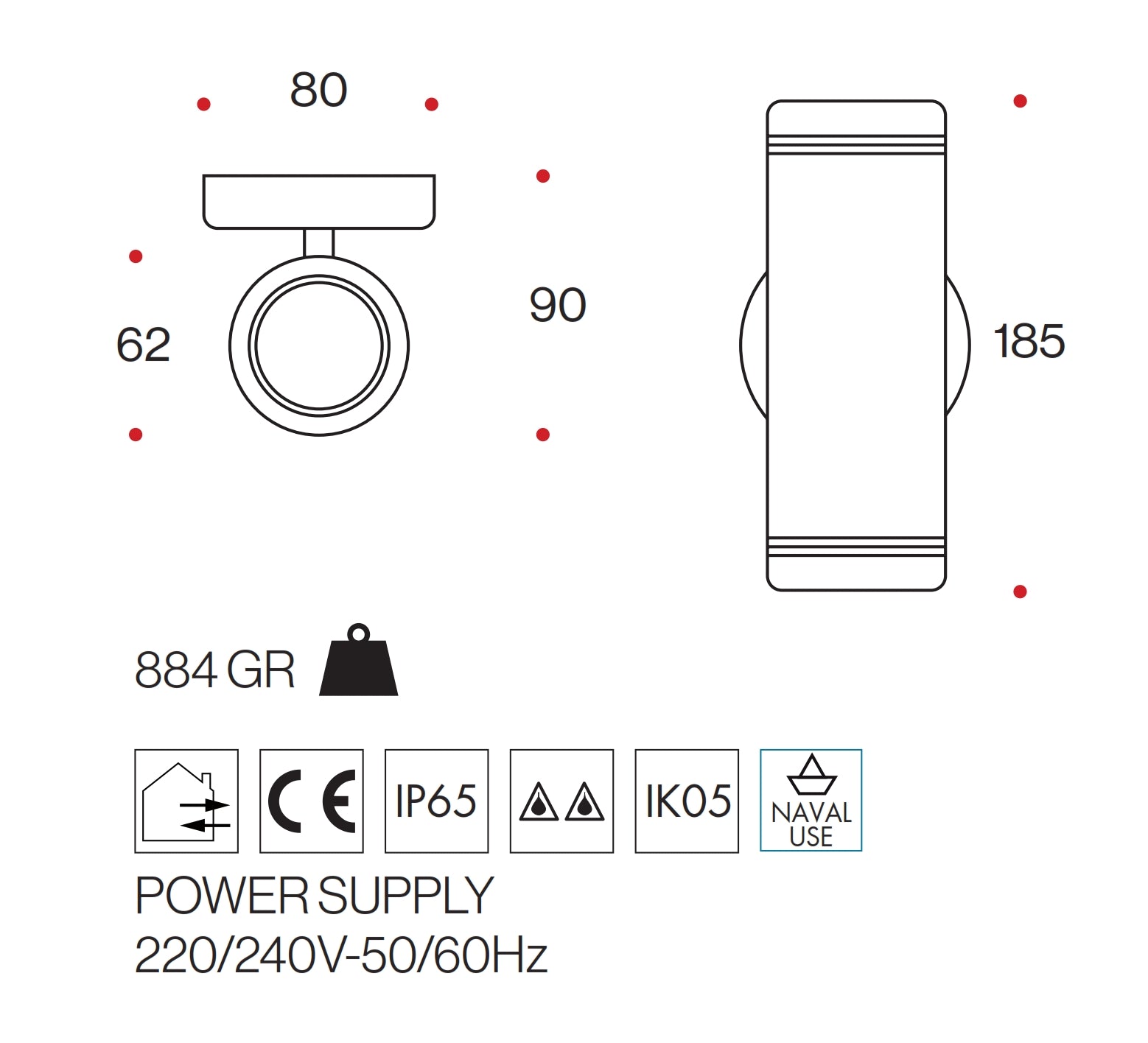 Applique Doppia Emissione Cilindrica - Acciaio Inox AISI 316