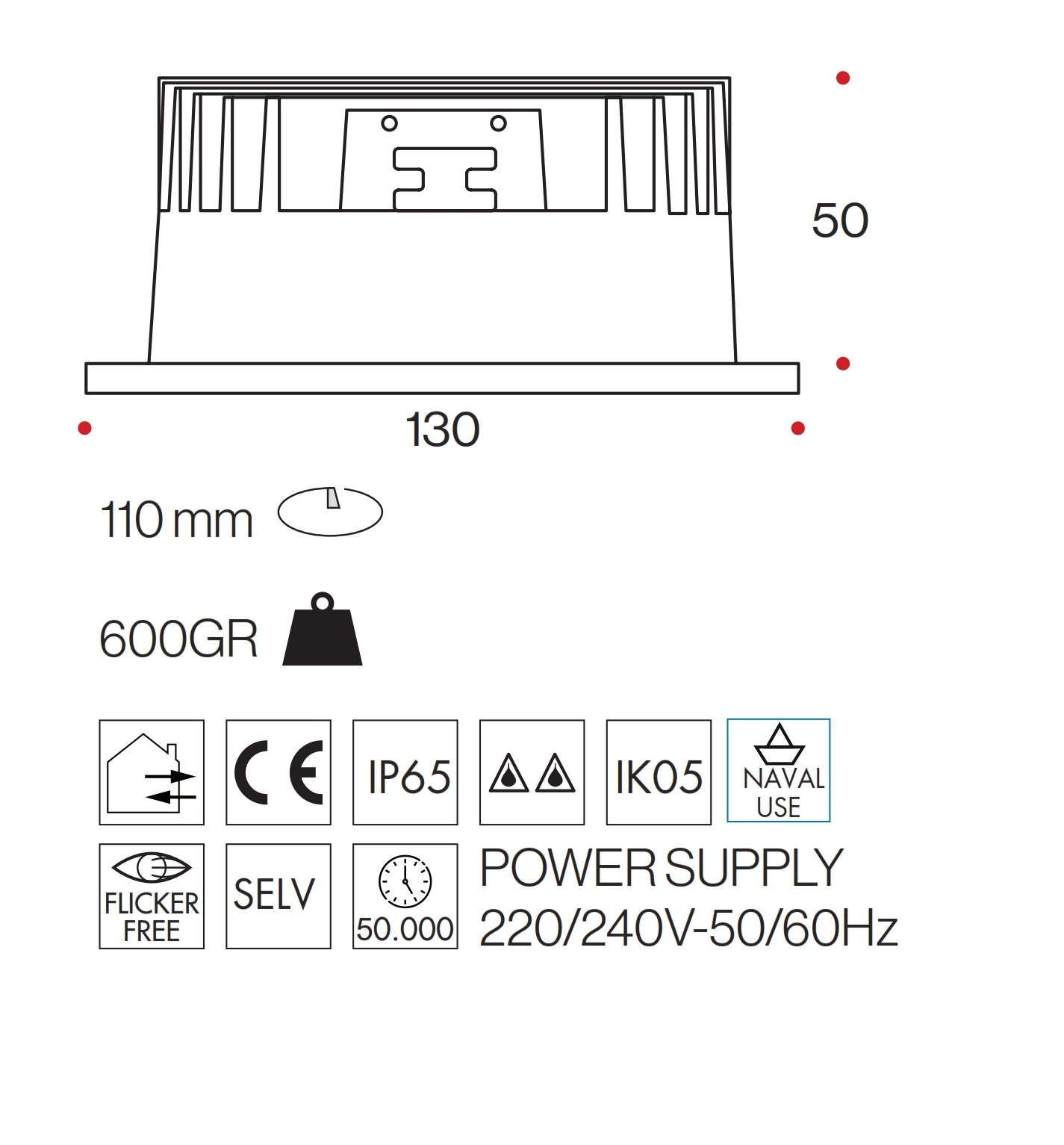 Faretto LED Incasso IP65 Acciaio Inox AISI 316 - Mod. Scirocco Premium